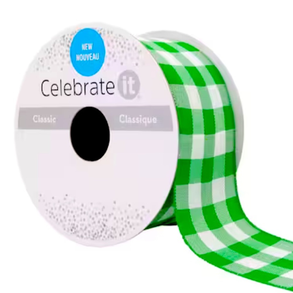 St Patricks 1.5" x 3yd. Wired White and Green Checkered Ribbon by Celebrate It